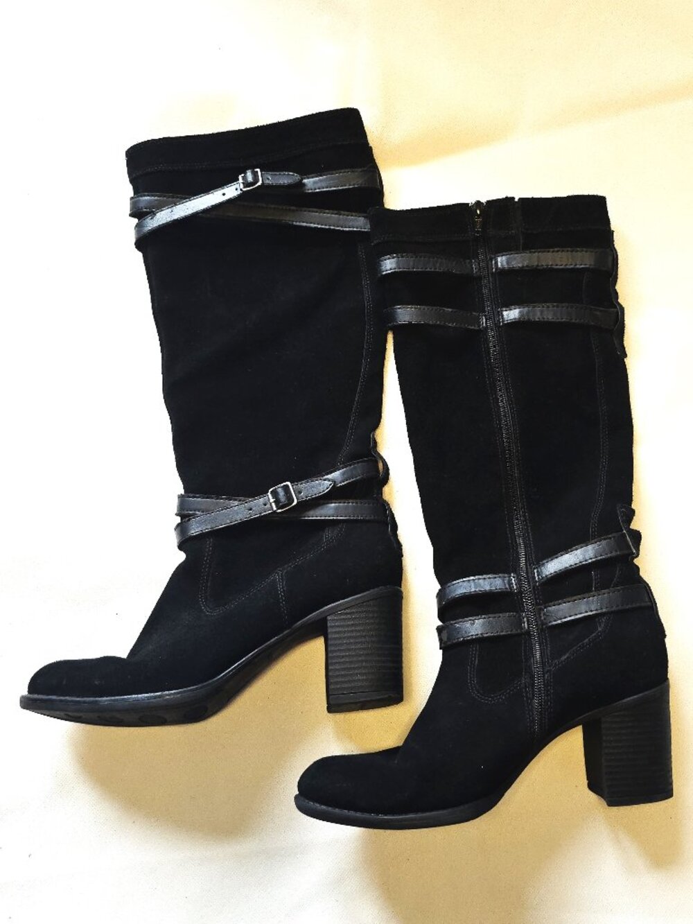 Kelly & Katie Darla Leather Boots Womens 8.5M Black Knee High Belts 3" Heel Zip